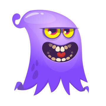 Happy cartoon flying monster. Vector illustration of funny ghost character. Halloween design