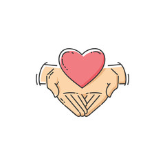 Obraz premium Flat charity icon - two hands holding a heart, love and support for good cause