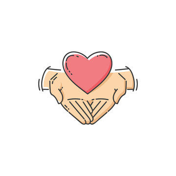 Flat Charity Icon - Two Hands Holding A Heart, Love And Support For Good Cause