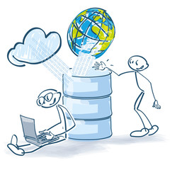 Strichmännchen am Computer und und Datenbank