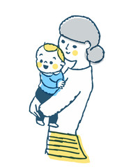 ママと赤ちゃん　抱っこ　ブルー