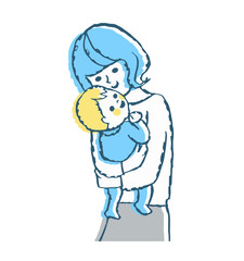 ママと赤ちゃん　抱っこ　ブルー