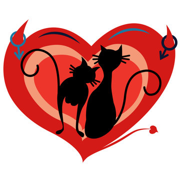 A Valentine's card in the form of a heart with an image of cats instead of people, expressing various emotions and actions (a man and a woman)