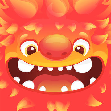 Happy cartoon fire monster - square avatar with funny alien character with flame skin
