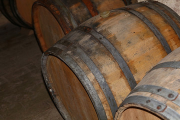 Rows of oak wood wine barrels in winery cellar