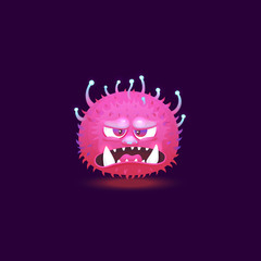 Angry purple pink monster with big teeth and glowing hairy skin floating with angry annoyed face.
