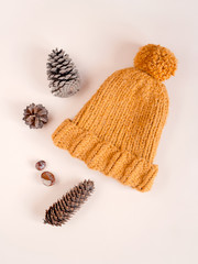 Woman's knitted hat with pom pom next to cones and chestnuts isolated on light beige background. Fall or autumn. Flat lay. Top view. Copy space