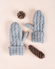 Pair of grey woolen gloves next to cones isolated on light beige background. Fall winter. Flat lay. Top view. 