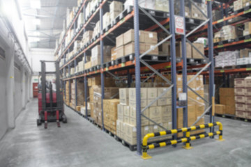 Blur Warehouse inventory product stock for logistic background, Long shelves with a variety of boxes (Lights background)