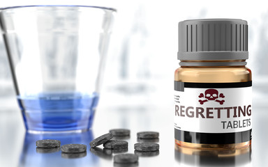 Regretting as harmful, negative and damaging aspect of life, unhealthy poison to the soul that affects people mind and body, harms mental health, symbolized as a bad medicine, 3d illustration