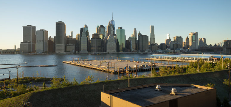 View from the Brooklyn Heights Promenade over Brooklyn Bridge Park Pier 3 to the skyline of lower Manhattan