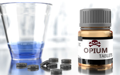 Opium as harmful, negative and damaging aspect of life, unhealthy poison to the soul that affects people mind and body, harms mental health, symbolized as a bad medicine, 3d illustration