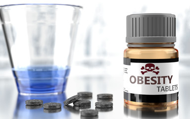 Obesity as harmful, negative and damaging aspect of life, unhealthy poison to the soul that affects people mind and body, harms mental health, symbolized as a bad medicine, 3d illustration