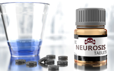 Neurosis as harmful, negative and damaging aspect of life, unhealthy poison to the soul that affects people mind and body, harms mental health, symbolized as a bad medicine, 3d illustration