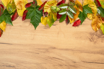 Obraz premium Autumn composition. Frame made of fall autumn leaves on wooden background. Flat lay, top view