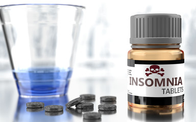 Insomnia as harmful, negative and damaging aspect of life, unhealthy poison to the soul that affects people mind and body, harms mental health, symbolized as a bad medicine, 3d illustration