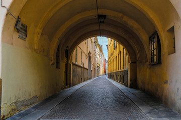 Parma, Italy - August, 9, 2019: landscape with the image of a street in a center of Parma