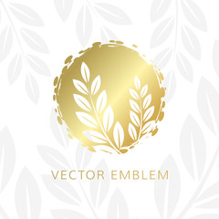 Fresh leaves or cereal branch emblem. Vector illustration with golden botany style sign and light plant texture.
