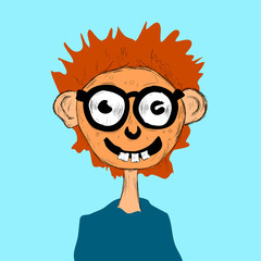 Caricature of weird, strange, freak, nerd, geek, an nut boy, man, and male person. Comic and cartoon red-haired character is smiling, wearing dioptric glasses and has acne on face. Vector illustration