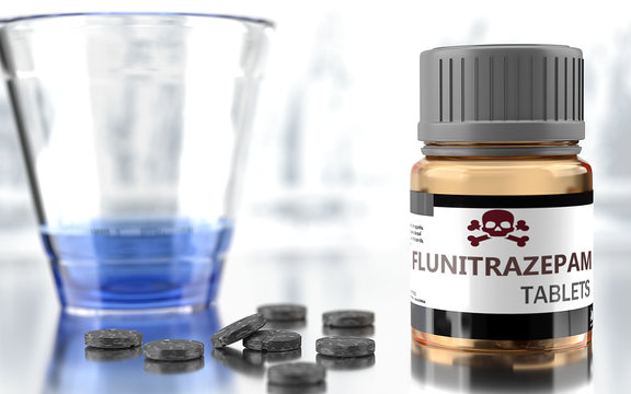 Flunitrazepam as harmful, negative and damaging aspect of life, unhealthy poison to the soul that affects people mind and body, harms mental health, symbolized as a bad medicine, 3d illustration
