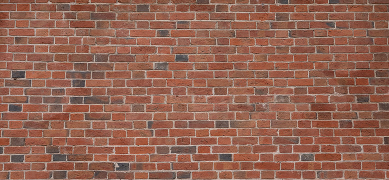 Fototapeta Old red brick wall background, wide panorama of masonry