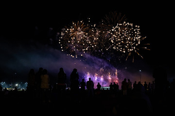 Fototapeta na wymiar people look at the festive bright fireworks in the night sky