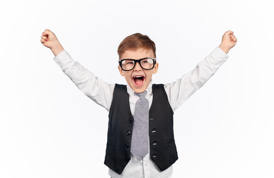 Funny Nerdy Kid Celebrating Win With Hands Up