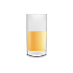 Realistic half full glass of beer with no foam, golden yellow alcohol drink in isolated pint container on white background