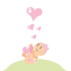 cute baby girl with bottle milk and hearts love