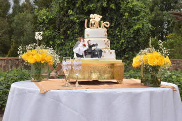 ponque de bodas en mesa dentro de un jardin campestre y colonial