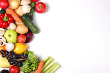 Set of different fresh vegetables on a white background top view.