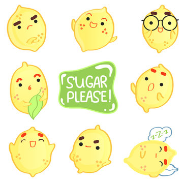 Set of cute lemons on white background. Kawaii Emoji.