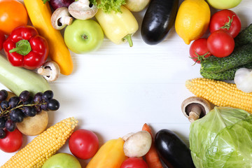 vegetables on a colored background top view. Place to insert text