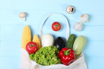 vegetables in an eco bag top view.