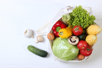 vegetables in an eco bag top view.