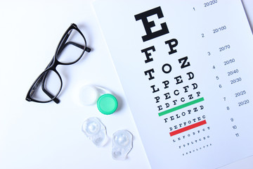 glasses and lenses for vision correction and a table for checking vision on a light background.