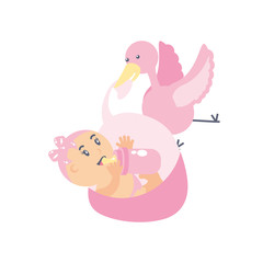stork and cute baby girl with bottle milk