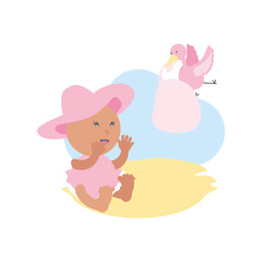 stork and cute baby girl avatar character