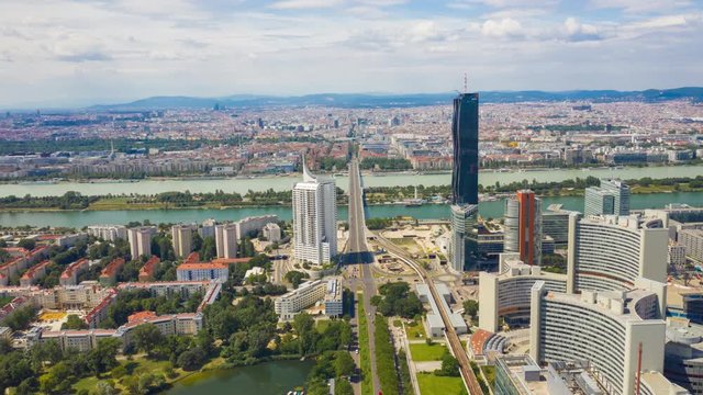 sunny day vienna city modern downtown riverside aerial panorama 4k timelapse austria 