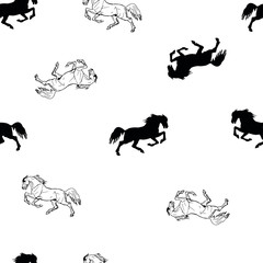 Naklejka premium seamless monochrome halophilic horse background, ink drawing, silhouettes and contours, and white color background 