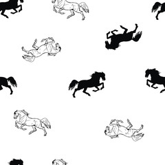 Obraz premium vector seamless monochrome halophilic horse background, ink drawing, silhouettes and contours, and white color background 