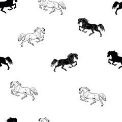  seamless monochrome halophilic horse background, ink drawing, silhouettes and contours, and white color background 