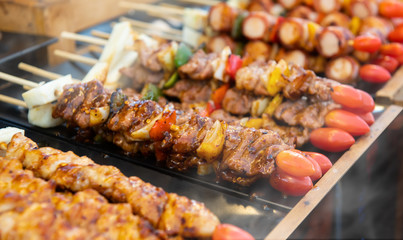 Skewer grilled barbecue arranging.