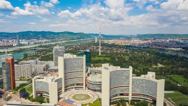 sunny day vienna city downtown riverside tv tower aerial panorama 4k timelapse austria 