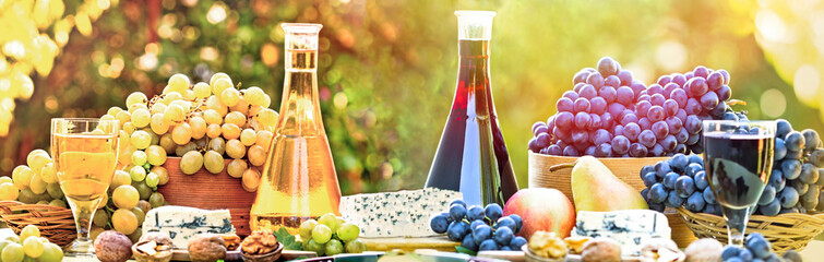 Red and white wine and grape on table - rich autumn harvest