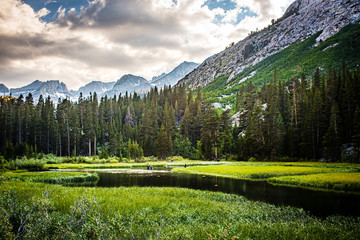 Fishing Family Wades in Beautiful Mountain Pond in the Sierras - 1