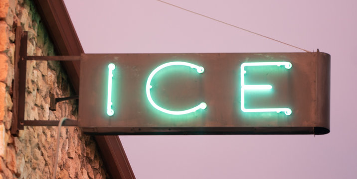 Blue Green Neon Simple Rusty Metal Sign Says Ice
