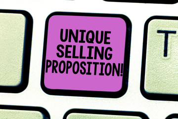 Writing note showing Unique Selling Proposition. Business photo showcasing differentiates a product from its competitors Keyboard key Intention to create computer message pressing keypad idea