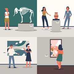 Set of people at museum or art gallery flat vector illustration isolated.