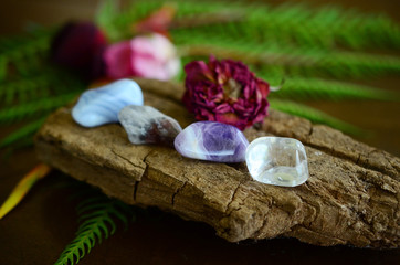 Set of 4: Lithium Quartz, Chevron Amethyst, Clear Quartz and Blue Lace Agate. Witches tumbled crystal bundle! Tumbled healing crystals set. Collection of a variety of crystals, boho decor.